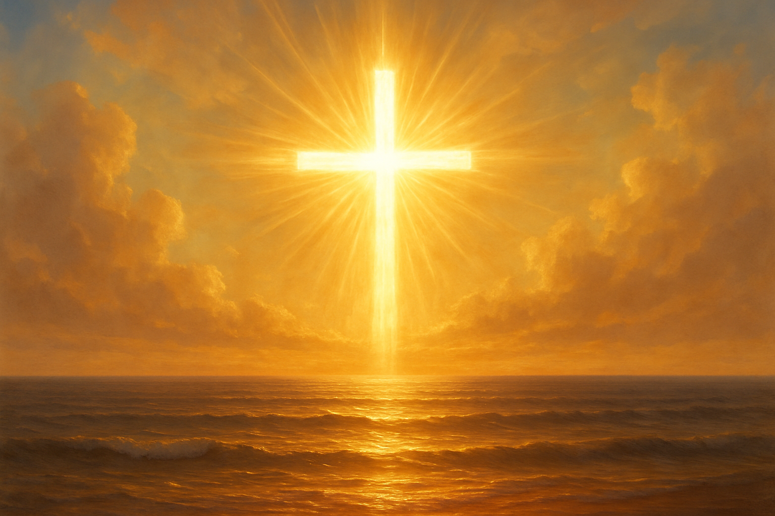 jesus cross shining in the sky over the ocean. bright, light, soft, warm, captivating, eyecatching, inspiring, light